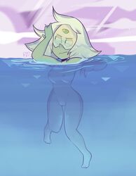 1girls blushmallet breasts cartoon_network feet female female_focus female_only gem_(species) nipples nude partially_submerged peridot_(steven_universe) pussy skinny_dipping solo steven_universe swimming thighs toes visor water wet