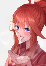 ahoge amog bangs blue_eyes cum cum_in_hands cum_in_mouth female go-toubun_no_hanayome hair_between_eyes hair_ornament half_updo high_ponytail highres japanese_clothes kimono nakano_itsuki open_mouth red_hair red_kimono shiny shiny_hair sidelocks simple_background solo star_(symbol) star_hair_ornament tongue tongue_out upper_body white_background