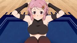 blush blushing female female_only hairclip lisbeth looking_at_viewer pink_hair shinozaki_rika sword_art_online tagme yoga