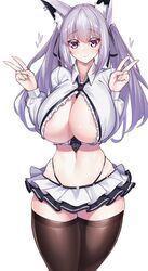 animal_ears areolae big_breasts cleavage fox_ears fox_girl huge_breasts looking_at_viewer midriff miniskirt peace_sign purple_eyes silver_hair thick_thighs thighhighs twintails watosu_(watosu_mama)