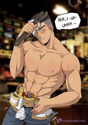 abs bare_chest blush bulge bulge_through_clothing male_only penis_bulge penis_under_clothes purpledngnoodle sweat takashi_shirogane tool_belt twunk voltron voltron:_legendary_defender wrench