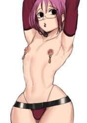 ambiguous_gender armpits black_eyes bulge femboy glasses gloves gowther hands_behind_head lipstick looking_to_the_side male male_only nanatsu_no_taizai nipple_erection nipple_piercing nipples panties_bulge pinkung123 purple_hair short_hair solo the_seven_deadly_sins topless trap wide_hips