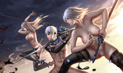 1boy 2girls abs blue_eyes breasts cosplay crossover gantz gantz_(cosplay) gantz_suit gloves gray_hair heels katana liang_xing long_hair male mecha_musume muscular_male naked navel nier nier:_automata nipples nude nude_female pussy pussy_juice shaved_pussy short_hair spear sword thighhighs uncensored weapon white_hair yorha_2b yorha_9s yorha_a2