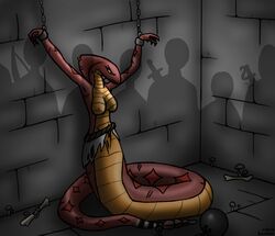 anthro bound cave chained clothing cobra cobra_doodles dark dungeon female forced group hi_res humanoid kasseth_(character) lamia male naga prison reptile scalie serpentine snake solo straight stripped torn_clothing