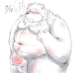 1:1 2011 anthro balls belly blush canid canine canis domestic_dog genitals ibuki_haruno japanese_text kemono male male_only mammal masturbation moobs navel overweight overweight_anthro overweight_male penis simple_background solo text white_background