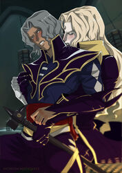 alucard_(castlevania) bishonen castlevania castlevania_(netflix) dhampir fangs gay hector_(castlevania) long_hair long_hair_male male_only purpledngnoodle silver_hair vampire yaoi