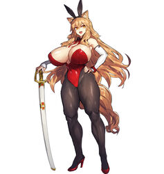 alternate_breast_size alternate_costume big_breasts bunny_ears bunny_girl bunnysuit fate/extra_ccc fate/grand_order fate_(series) fox fox_ears fox_tail high_heels huge_breasts long_hair melon22 muscular_thighs suzuka_gozen_(fate) sword thick_thighs yellow_eyes