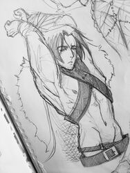 1boy bare_chest bondage bound castlevania castlevania_(netflix) facial_hair male_only monochrome purpledngnoodle restrained scar_across_eye sketch sketch_page trevor_belmont