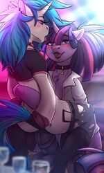 2019 anal anal_sex animal_genitalia animal_penis balls blue_mane blue_tail blush chest_tuft clothing collar cutie_mark duo ear_piercing ears_back embrace equid equine equine_penis female female_penetrated feral fetlocks friendship_is_magic fur furry futanari genitals gynomorph gynomorph/female gynomorph_penetrating gynomorph_penetrating_female half-closed_eyes hasbro hi_res highlights_(coloring) horn intersex intersex/female intersex_penetrating intersex_penetrating_female legwear lipstick looking_at_another makeup mammal mane medial_ring my_little_pony narrowed_eyes on_lap penetration penis piercing pink_eyes pink_highlights pivoted_ears ponsex purple_body purple_eyes purple_fur purple_mane purple_tail sitting stockings tail_wraps thigh_highs tongue tongue_out tuft twilight_sparkle_(mlp) unicorn vinyl_scratch_(mlp) white_body white_fur wraps