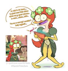 2020 amphibia amphibian anthro blush bodily_fluids clothed clothing disney english_text felicia_sundew female frog gametimeasia genital_fluids genitals hair hi_res looking_at_viewer multicolored_body open_mouth phone pussy pussy_juice red_hair simple_background solo speech_bubble straight_hair text tongue two_tone_body white_background yellow_body