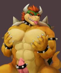 2020 abs anthro bowser bracelet cock_ring collar erection front_view genitals hair holyseven horn jewelry koopa male male_only mario_(series) muscular muscular_anthro muscular_male nintendo pecs penis red_hair reptile scalie solo spiked_bracelet spiked_collar spikes video_games