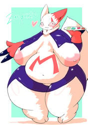 2020 anthro anthrofied big_breasts blush bodily_fluids breasts clothing cocolog condom curvy_figure female fur genitals heart hi_res huge_breasts ineffective_clothing looking_at_viewer mostly_nude nintendo nipples overweight overweight_anthro overweight_female pokémon_(species) pokemon pokemon_(species) pokemorph pussy red_sclera sagging_breasts sexual_barrier_device solo standing sweat sweatdrop thick_thighs video_games voluptuous white_body white_fur wide_hips wrapped_condom zangoose