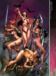 4girls a_princess_of_mars armlet ass barsoom bats black_hair blonde_hair blue_eyes boots bracelet bubble_butt chainmail chainmail_bikini crossover dejah_thoris female female_only gloves green_eyes holding_weapon j_scott_campbell john_carter_of_mars jungle_girl large_breasts loincloth long_hair martian multiple_girls nei_ruffino official_art on_all_fours pink_skin purple_eyes red_hair red_sonja red_sonja_(comics) revealing_clothes royalty sheena sheena_queen_of_the_jungle sword tooth_necklace vampire vampirella voluptuous