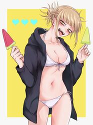 1girls bangs bikini blonde_hair blunt_bangs blush cat_eyes cowboy_shot double_bun eyelashes eyeshadow fangs female food fringe front-tie_bikini front-tie_top hair_bun heart himiko_toga ice_cream messy_hair my_hero_academia nashimo_(artist) navel open_mouth oral oral_insinuation oral_invitation petite popsicle school_uniform seductive_eyes seductive_mouth seductive_smile sharp_teeth side-tie_bikini slim solo swimsuit teenager throat tied_hair tongue tongue_out white_bikini yellow_eyes