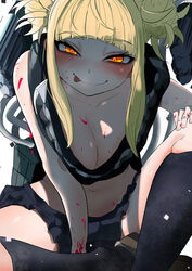 1girls :q bangs blonde_hair blood blunt_bangs blush breasts cat_eyes cleavage collarbone cute double_bun eyebrows_visible_through_hair eyelashes eyeshadow female fringe hair_bun heart heart-shaped_pupils himiko_toga licking_lips looking_at_viewer medium_breasts midriff my_hero_academia navel oral oral_invitation petite school_uniform seductive_eyes seductive_mouth seductive_smile sharp_teeth shoes skirt slim smile socks solo symbol-shaped_pupils teenager tied_hair tongue tongue_out white_background yellow_eyes zd_(pixiv6210083)