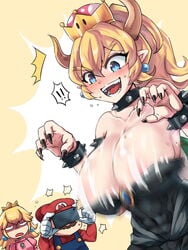 !! 1boy 2018 2girls 3:4 accidental_exposure areola_slip areolae armwear black_dress black_nails blonde_hair blue_eyes blush bouncing_breasts bowsette breasts brown_hair cap cleavage clothed clothing collar covered_navel crown dress earrings embarrassed eyebrows_visible_through_hair female genderswap genderswap_(mtf) gloves hair_between_eyes hat highres holding_phone horns jewelry large_breasts long_hair looking_at_another looking_down male mario mario_(series) motion_lines moustache multiple_girls nail_polish new_super_mario_bros._u_deluxe nintendo nipple_slip open_mouth overalls phone pink_dress pointy_ears ponytail princess_peach rayno red_clothing rule_63 shaded_face sharp_fingernails sharp_teeth shell smartphone smile sparkle spiked_collar spikes super_crown super_mario_bros. sweat taking_picture teeth tongue wardrobe_malfunction white_gloves wristwear