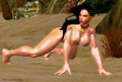 1girls 3d athletic beach braid brazilian brazilian_female breasts choker dark-skinned_female dark_skin derangedgod female female_only huge_breasts large_areolae large_breasts laura_matsuda muscular_female oil push-up sand smirk solo solo_female street_fighter street_fighter_v thighs xnalara