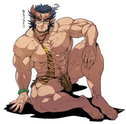 1boy arm_on_knee armpit_hair bracelet chest_hair demon demon_boy glasses horns looking_at_viewer male male_only markings oni pubic_hair ripped_clothing rybiok solo spiky_ears takemaru_(tokyo_afterschool_summoners) tie tiger_print tokyo_afterschool_summoners tokyo_houkago_summoners veins veiny_muscles