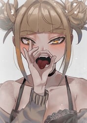 1girls bangs bare_shoulders blonde_hair blunt_bangs blush bra cat_eyes collarbone double_bun egirl eyebrows_visible_through_hair eyelashes eyeshadow fangs fellatio_gesture female fringe hair_bun highres himiko_toga looking_at_viewer my_hero_academia open_mouth oral oral_gesture oral_invitation presenting_mouth presenting_throat presenting_tongue school_uniform schoolgirl seductive_eyes seductive_mouth sharp_teeth simple_background solo teenager throat tied_hair tongue tongue_out underwear yellow_eyes zd_(pixiv6210083)