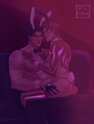 2boys black_gloves bunny_ears bunnysuit gay gloves jojo's_bizarre_adventure jotaro_kujo latex latex_gloves long_sleeves male male_focus male_only noriaki_kakyoin red_gloves red_latex reverse_bunnysuit reverse_outfit stardust_crusaders stripper therytkak twink yaoi