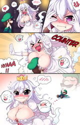 >_< 1boy 1girls 2018 4koma absurd_res anger_vein attack blood blood_stain blush boo_(mario) boosette breast_hold breast_smother breast_squish brown_hair cap choker cleavage closed_eyes clothed clothing comic covering covering_face crossed_arms crown curvy defeated dress elbow_gloves embarrassed english_text eyebrows_visible_through_hair female flying_sweatdrops ghost gloves green_clothing hat heart highres jewelry jumping long_hair looking_at_another luigi luigi's_mansion lying male male_with_female mario_(series) moustache new_super_mario_bros._u_deluxe nintendo nosebleed on_back one_eye_closed open_mouth overalls pouting purple_eyes rayno ringed_eyes rule_63 satisfied screaming sharp_teeth shoes skirt smile sparkle speech_bubble speed_lines spoken_anger_vein spoken_blush spoken_heart straight super_crown surprised sweat tears teeth text thumbs_up tongue tongue_out very_long_hair walking wavy_mouth white_body white_dress white_gloves white_hair