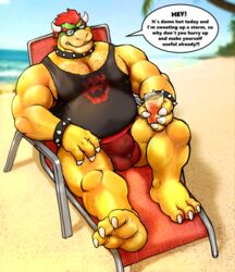 3_toes 4_fingers anthro beach beard bell beverage big_bulge bodily_fluids body_hair bowser bracelet bulge chair chest_hair claws clothing collar dialogue english_text eyebrows eyewear facial_hair feet fingers furniture glass hair hairy hyenaface jewelry koopa male male_only mario_(series) musclegut muscular muscular_anthro muscular_male nintendo overweight overweight_anthro overweight_male palm_tree reclining red_hair reptile sand scalie sea seaside shell-less soles solo speech_bubble spiked_bracelet spiked_collar spikes sunglasses sweat text thick_eyebrows toes tree underwear video_games water yellow_body