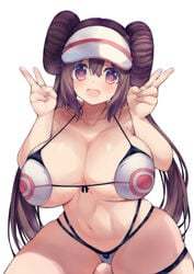 1girls big_breasts blush brown_eyes brown_hair double_bun eye_contact female hat huge_breasts large_breasts long_hair looking_at_viewer micro_bikini nintendo pale-skinned_female pale_skin pokemon pokemon_bw pokemon_bw2 rosa_(pokemon) shiroie_mika twintails voluptuous wide_hips