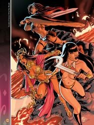 3girls a_princess_of_mars action_pose barsoom black_hair boots cape chainmail chainmail_bikini cleavage crossover dejah_thoris gloves holding_weapon john_carter_of_mars large_breasts loincloth long_hair martian official_art pete_woods pink_skin red_hair red_sonja red_sonja_(comics) revealing_clothes royalty shoulder_armor sword thick_thighs vampire vampirella voluptuous