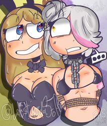 2girls arms_behind_back azrielart big_breasts bondage breasts chains clothed collar duo female_only femdom femsub fnafhs fnafhs_bondage joy_(fnafhs) laestupidasofi leash lezdom meg_(fnafhs) multiple_girls rope sofiart yuri