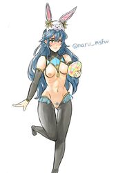 1girls blue_eyes blue_hair blush bunny_ears bunny_girl bunnysuit egg female fire_emblem fire_emblem_awakening leggings lips long_hair looking_at_viewer lucina_(fire_emblem) lucina_(spring)_(fire_emblem) midriff naru_nsfw nintendo nipples pubic_hair pussy reverse_bunnysuit small_breasts solo solo_female