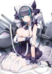 1girls :3 azur_lane bare_shoulders black_footwear black_hair blue_eyes blue_hair blush breasts breasts_hold cheshire_(azur_lane) cleavage detached_sleeves dress eyebrows_visible_through_hair female female_only frills garter_straps head_tilt headband high_heels highres large_breasts looking_at_viewer luse_maonang maid_headdress multicolored_hair puffy_sleeves purple_hair red_potato_rinrin ribbon sitting smile solo solo_female stockings streaked_hair thick_thighs thighhighs voluptuous white_legwear wrist_cuffs