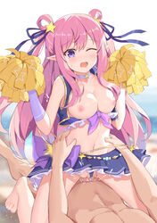 1boy blush breasts cheerleader clothed_sex clothing_aside cowgirl_position cum cum_in_pussy feet female hair_ornament hair_ribbon happy_sex hatsune_(princess_connect!) highres kashiwazaki_hatsune long_hair navel nipples no_bra open_mouth open_shirt penis pink_hair pointy_ears pom_pom_(clothes) princess_connect! princess_connect!_re:dive purple_eyes pussy ribbon saliva serika sex skirt skirt_lift star_(symbol) star_hair_ornament straddling straight torso_grab uncensored vaginal_penetration