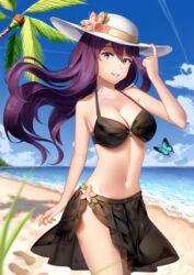 1girls 2018 armpits beach bikini black_bikini breasts butterfly cleavage cloud doki_doki_literature_club eyebrows_visible_through_hair female female_only flower footprint hair_between_eyes hairclip hand_on_hat hat hat_flower highres insects looking_at_viewer matching_hair/eyes medium_breasts navel o-ring o-ring_bikini ocean outdoors palm_tree purple_eyes purple_hair sand sarong sasoura shiny shiny_skin skirt sky smile solo standing sun_hat swimsuit teeth thick_thighs thighs tree walking water yuri_(doki_doki_literature_club)