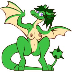 1:1 anthro ass big_breasts biped breasts crouching digital_media_(artwork) dragon female feral genitals green_body green_hair green_scales hair hi_res korykobold long_ears long_hair long_tail looking_at_viewer membrane_(anatomy) membranous_wings multicolored_body navel nipples no_shading non-mammal_breasts nude purple_eyes pussy reptile scales scalie simple_background smile solo spiked_tail spikes spikes_(anatomy) two_tone_body white_background wings wyvern xanphur