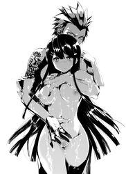 1boy 1boy1girl 1girls big_breasts black_and_white blush breast_press breasts danganronpa hugging hugging_from_behind kuwata_leon looking_at_viewer maizono_sayaka nipples nude nude_female nude_male pussy ring soap straight straight_hair tattoo