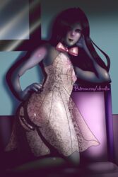 alveolin anal_insertion ass black_hair blush ddimitri_damask demon femboy grey_skin lace legs lingerie long_hair looking_at_viewer male male_only nipples_visible_through_clothing original_character septum_piercing succubus_(male) thighs transparent_clothing trap twink