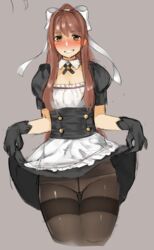 1girls 2018 apron black_gloves blush bow breasts brown_hair cleavage clothed clothing corset doki_doki_literature_club eyebrows_visible_through_hair female female_only fully_clothed gloves green_eyes grey_background grin hair_ribbon highres jewelry looking_at_viewer maid maid_headdress maid_uniform monika_(doki_doki_literature_club) neckerchief otxoa60 panties panties_under_pantyhose panties_visible_through_clothing pantyhose ponytail presenting_panties ribbon simple_background skirt skirt_lift small_breasts smile solo standing teeth thick_thighs thigh_gap thighs tied_hair underwear white_panties