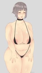 areolae belly big_breasts bob_hair closed_eyes grey_background gyarusatan hands_on_thighs highres medium_hair mole_on_breast mole_under_mouth pubic_hair side-tie_bikini silver_hair solo solo_female thick thick_thighs tongue_sticking_out