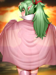 1girls blush breasts cape female fire_emblem fire_emblem_awakening green_eyes green_hair long_hair looking_at_viewer looking_back md5_mismatch nintendo nude pink_cape pointy_ears ponytail see-through see-through_silhouette smile solo sunset tiara tiki_(adult)_(fire_emblem) tiki_(fire_emblem) uncats