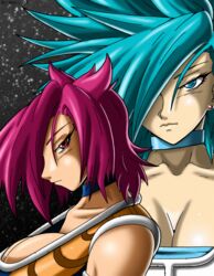 2015 2girls armor artist_name big_breasts blue_eyes blue_hair breasts cleavage covering_eyes dragon_ball dragon_ball_xenoverse female female_only female_saiyan females hair_over_one_eye huge_breasts large_breasts long_hair looking_at_viewer looking_to_the_side original_characters outer_space red_earrings red_eyes red_hair　short_hair saiyan saiyan_armor shiny shiny_armor shiny_body shiny_breasts shiny_clothes shiny_eyes shiny_hair shiny_skin shoulders space spiky_hair sseanboy23 stars super_saiyan super_saiyan_blue super_saiyan_god thick_lips watermark