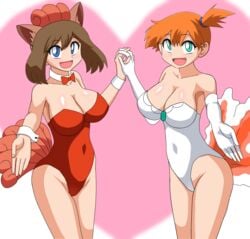 2girls big_breasts blue_eyes brown_hair duo elbow_gloves female female_only gloves goldeen_(cosplay) green_eyes hand_holding heart heart_background huge_breasts kasumi_(pokemon) large_breasts legs may_(pokemon) multiple_girls nintendo orange_hair pokemon pokemon_(cosplay) pokemon_rgby pokemon_rse su_retro_space tail thick_thighs thighs vulpix_(cosplay) white_gloves