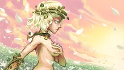 blonde_hair blue_eyes bracer casual censored choker circlet covered_breasts druid female functionally_nude light-skinned_female light_skin metal_gear_solid metal_gear_solid_peace_walker mostly_nude nude out-of-frame_censoring outdoors paz_ortega_andrade plant softcore triple-q vines