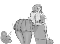 1girls 2boys ass_out ass_shake big_ass big_butt bimbo dat_ass female female_focus huge_ass izuku_midoriya karmaniac large_ass minoru_mineta monochrome my_hero_academia ochako_uraraka school_uniform shaking_ass shounen_jump sketch skirt suggestive suggestive_gesture tease teasing teenager thick_ass u.a._school_uniform