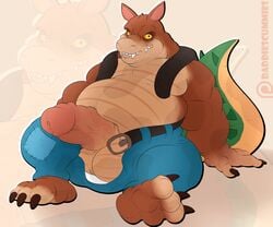 activision anthro balls belt bottomwear canid canine canis clothing crash_(series) crocodile crocodilian crocodylid dingo dingodile genitals hi_res hybrid incrediblecrocodile male male_only mammal musclegut overweight overweight_anthro overweight_male pants penis reptile scalie sharp_teeth solo teeth video_games