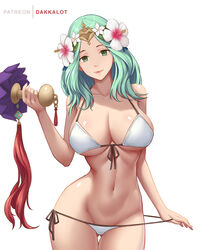 aqua_hair artist_name ass_visible_through_thighs bare_arms bare_shoulders bikini black_ribbon breasts cleavage collarbone cowboy_shot dakkalot female fire_emblem fire_emblem:_three_houses fire_emblem_heroes flower forehead_protector green_eyes groin hair_flower hair_ornament head_tilt hibiscus holding large_breasts looking_at_viewer lowleg lowleg_bikini navel pink_lips rhea_(fire_emblem) rhea_(summer)_(fire_emblem) ribbon side-tie_bikini simple_background smile solo stomach swimsuit tassel thigh_gap toned white_background white_bikini white_flower