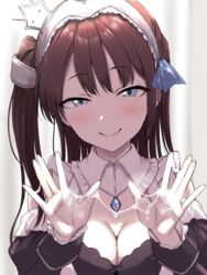 1girls after_handjob aoi_tiduru apron azur_lane bangs blue_eyes blush breasts brown_hair cleavage cum cum_on_body cum_on_fingers cum_on_hands cum_on_upper_body cum_string dress eyebrows_visible_through_hair female frills hair_ornament light-skinned_female light_skin long_hair long_sleeves looking_at_viewer maid maid_headdress medium_breasts newcastle_(azur_lane) puffy_sleeves ribbon royal_navy_(azur_lane) sidelocks smile solo