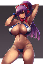 absurdres android arm_up armpits ascot bikini blush bracelet breasts capcom dark_skin green_eyes hair_over_one_eye headband highres hime_cut huge_breasts jewelry joints large_breasts layer long_hair mega_man mega_man_x mega_man_x_dive mole mole_under_eye navel nipple_slip nipples purple_hair puru_(ex-150) robot_ears robot_joints scarf skindentation swimsuit swimsuit_layer_(x_dive) thick_thighs thighs wet