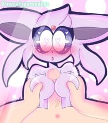 <3 1boy 1girls 2020 anthro breast_grab breasts eeveelution eeveelutions espeon female fluffy heart lactation looking_at_viewer milk milk_squirt orb outercourse paizuri pokémon_(species) pokemon pokemon_gsc pokemon_hgss purple_fur surprised sweetspacecakes_(artist) tagme titfuck titjob