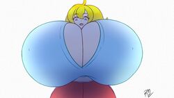 cassie_(theycallhimcake) huge_breasts hyper_breasts looking_at_viewer looking_down ominous_shadow riley_moore_(artist) taller_girl