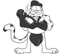 2019 absurd_res anthro balls_outline bulge clothing domestic_cat felid feline felis garfield_(series) garfield_the_cat genital_outline hat headgear headwear hi_res humanoid_hands leather_daddy male male_only mammal monochrome nickelodeon overweight overweight_anthro overweight_male paws,_inc. penis_outline ryusuke573 simple_background smoking solo white_background